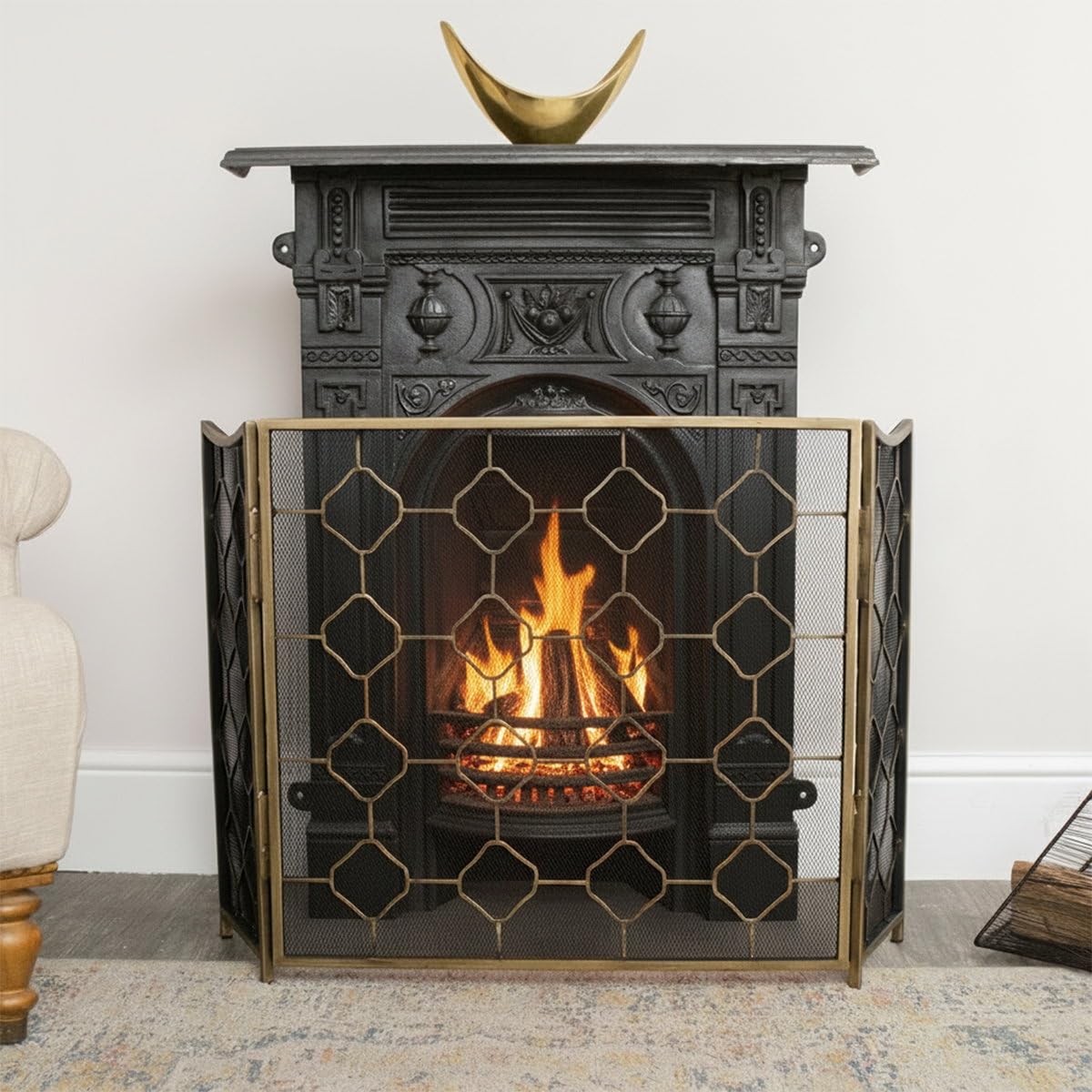 Melody Maison Antique Gold Geometric Detailed Metal Fire Screen - 106cm x 62.5cm