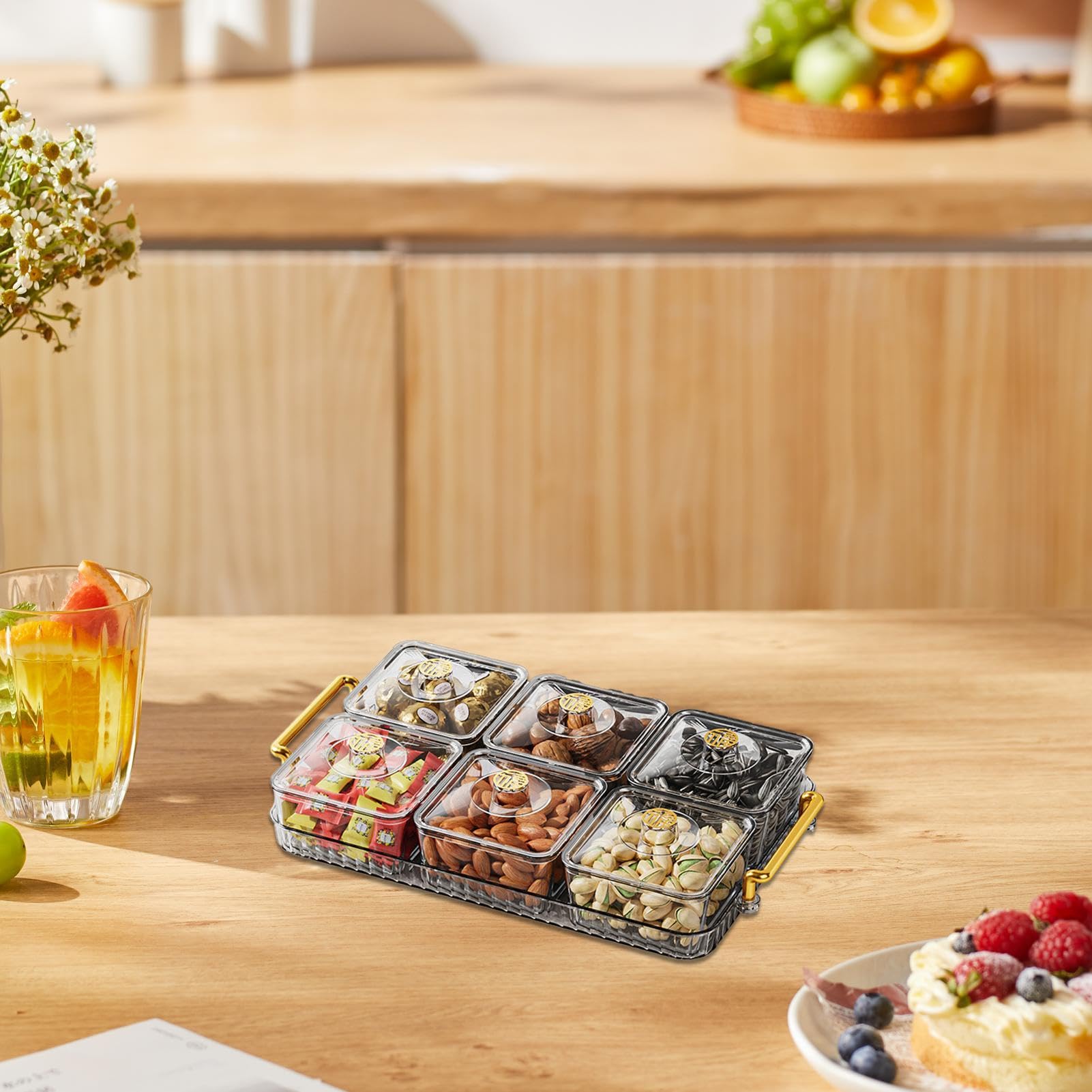 Generic Modern Divided Snack Tray | Portable Clear Elegant Removable Fashion Sectioned Serving Tray With Lid & Handle For Snacks Appetizers Nuts Candy