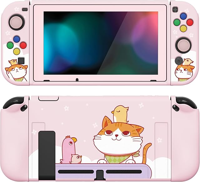 PlayVital ZealProtect Soft Protective Case for Nintendo Switch, Flexible Cover Protector for Switch with Tempered Glass Screen Protector & Thumb Grips & ABXY Direction Button Caps - Kitten & Chicken