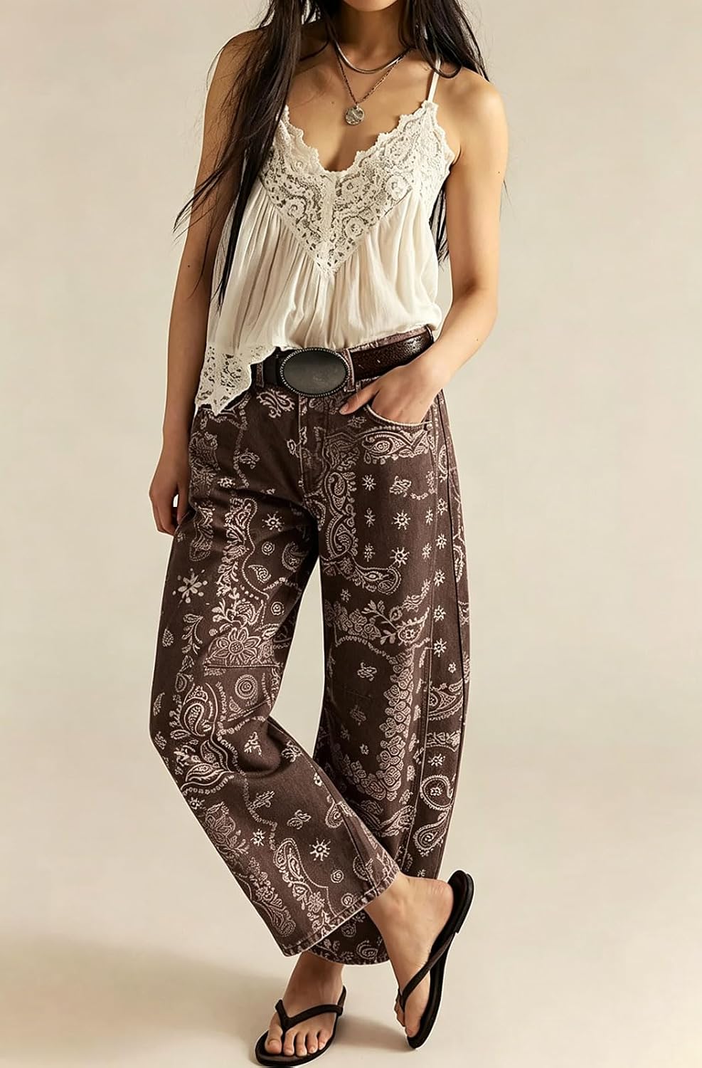 loveimgs Women Boyfriend Baggy Barrel Jeans Floral Print Denim Ankle Pants Wide Leg Mid Rise Jeans Sweatpants Y2k Patchwork