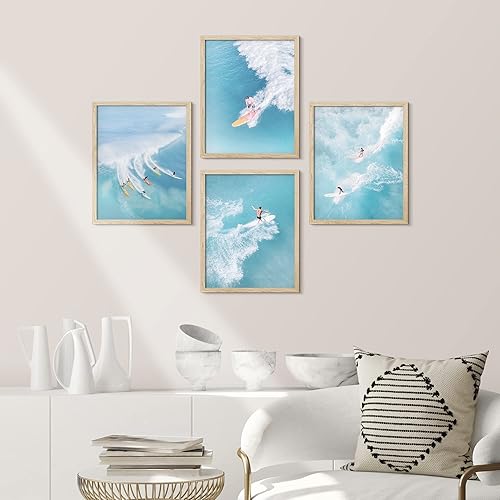 Miniatura 2 de SIGNWIN Arte de pared enmarcado de paisaje náutico del océano, juego de 4 tablas de surf con vista aérea para decoración de pared, decoración de