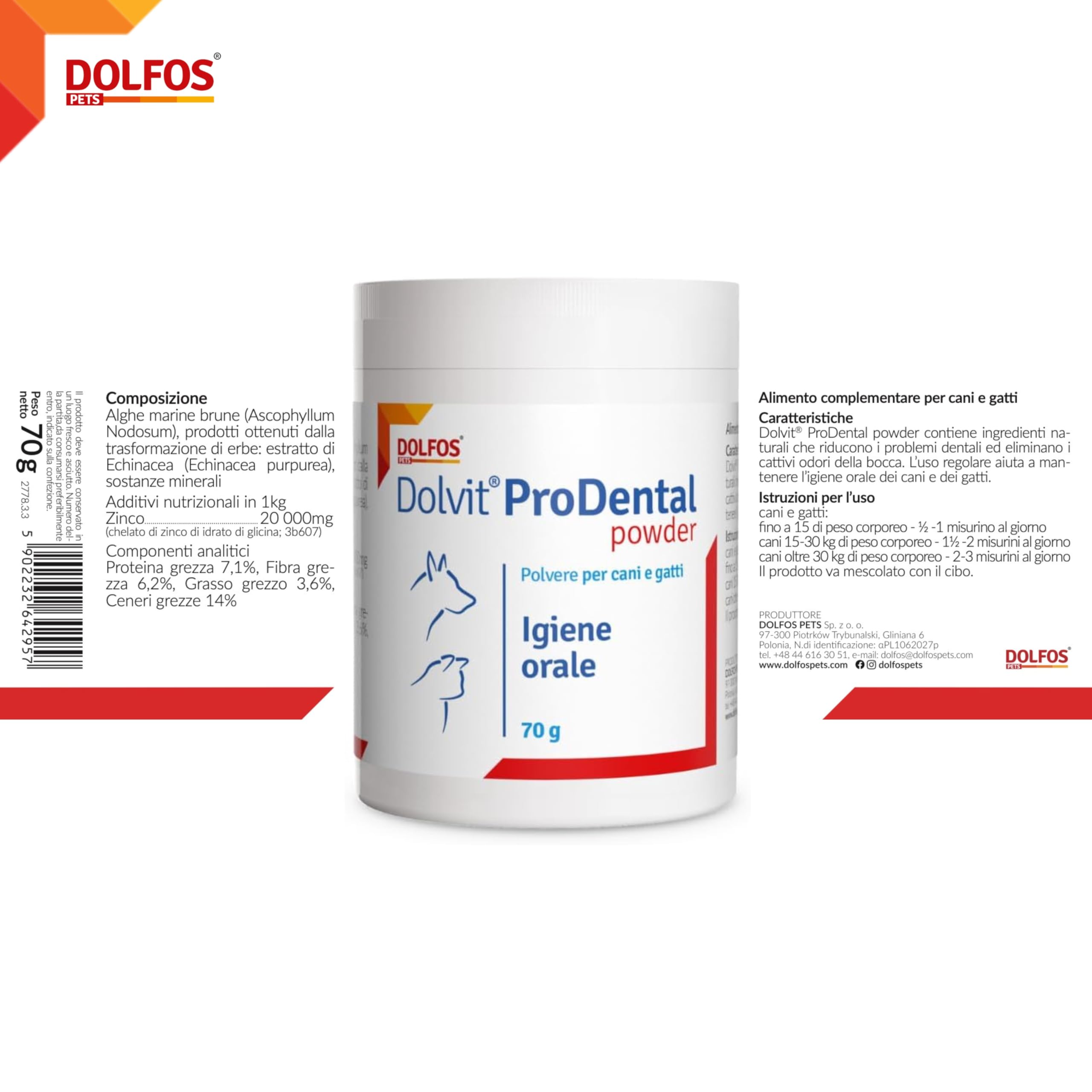Dolvit Prodental Integratore per Igiene Orale Cane Gatto - Pulizia Bocca Cani e Gatti dai Batteri - Rimuove Placca, Tartaro e Alitosi Rendendo Fresco l’Alito - Confezione da 70 gr