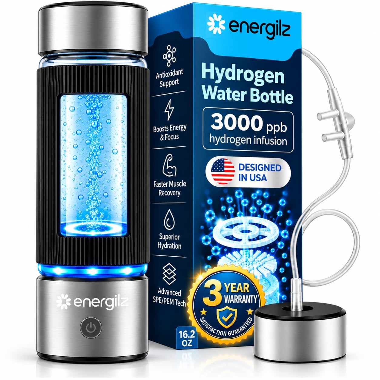 Hydrogen Water Bottle | Large 16.2 oz (480 ml) Hydrogen Water Bottle Generator 3000ppb |…