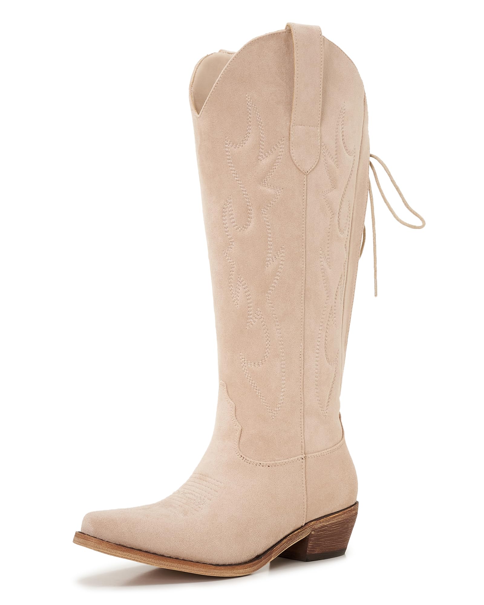 Photo 1 of AITTA Women’s Suede Cowboy Boots Knee High Cowgirl Boots with Side Zipper & Adjustable Calf & Thigh Fit, Embroidered Pointed Toe Retro Western Boots Beige Size 8