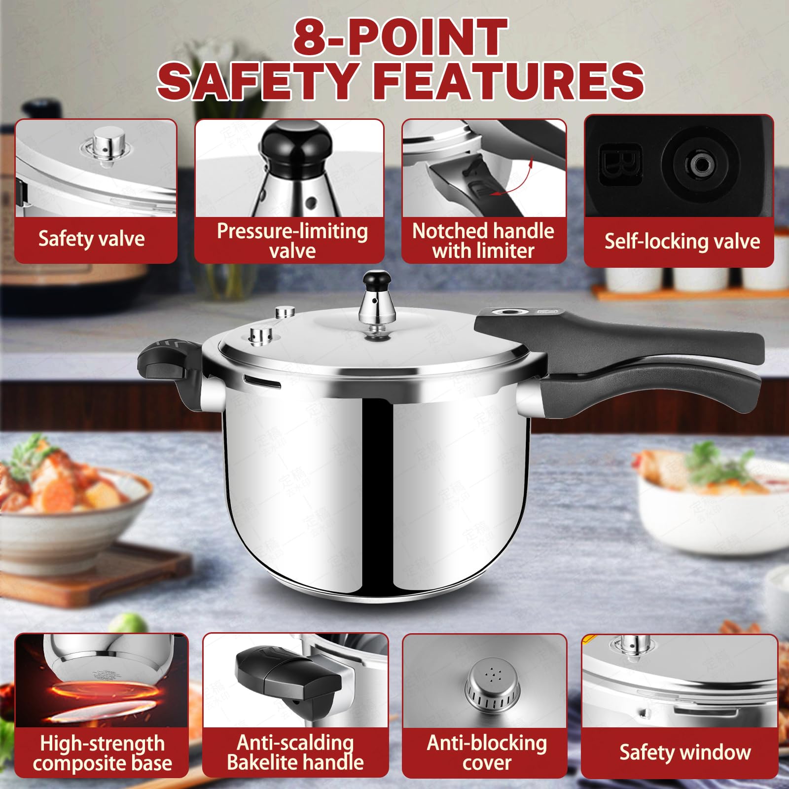 Olla a presión de acero inoxidable de 4 cuartos de galón, compatible con todas las estufas de inducción, olla a presión gruesa con válvula de resorte, dispositivos de protección para uso 3