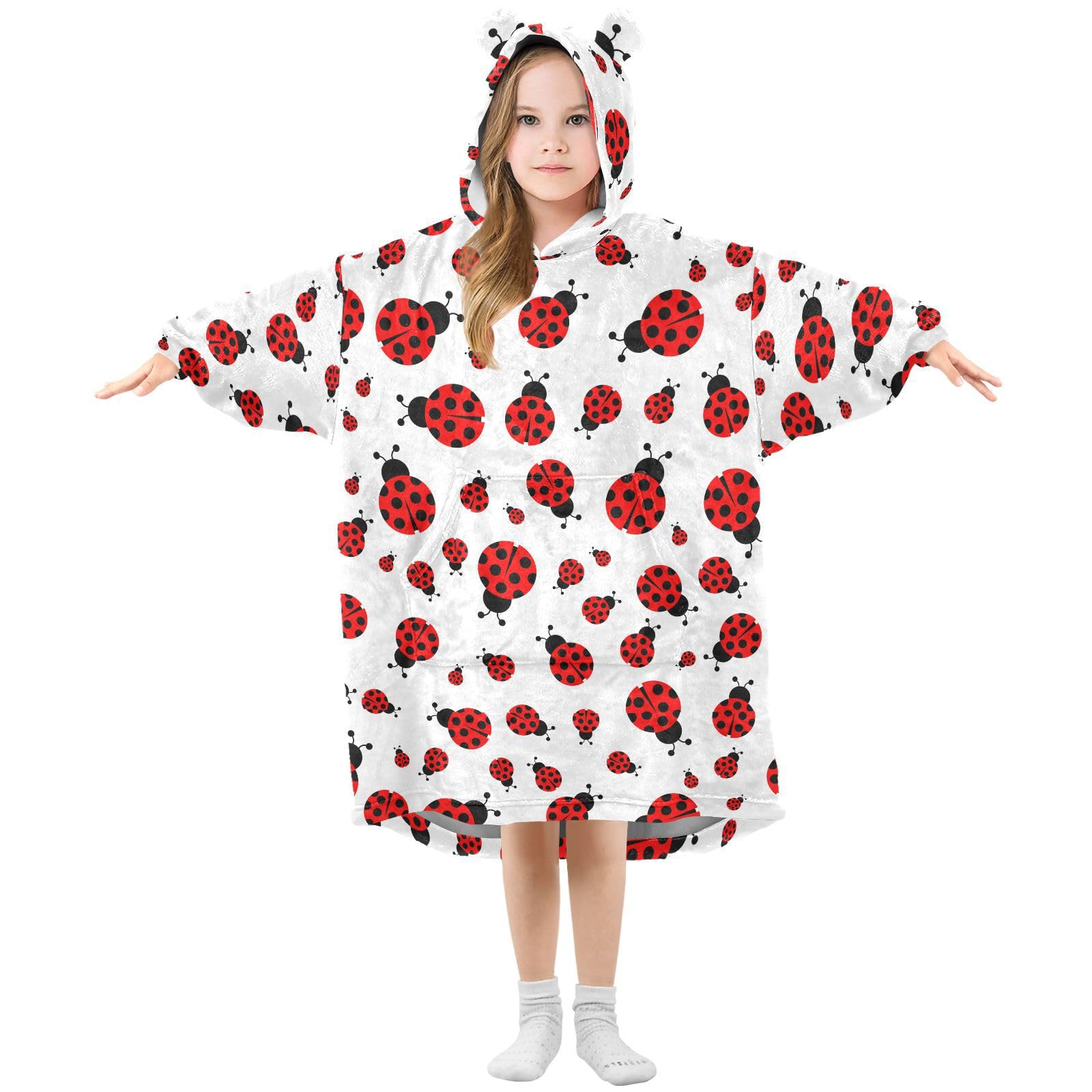 Oversized Blanket Hoodie for Kids Adult Girls Boys, Fleece Hoodie Blanket Cute Red Ladybug Super Warm Plush Wearable Blanket Hoodie Sweatshirt with Roomy Pocket, Medium