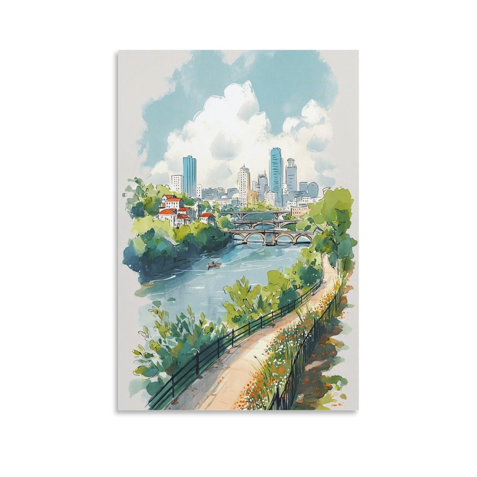 XWYMXZ Austin Texas Skyline Watercolor Print Travel Posters 24x36inch(60x90cm) Vintage Watercolor Canvas Art