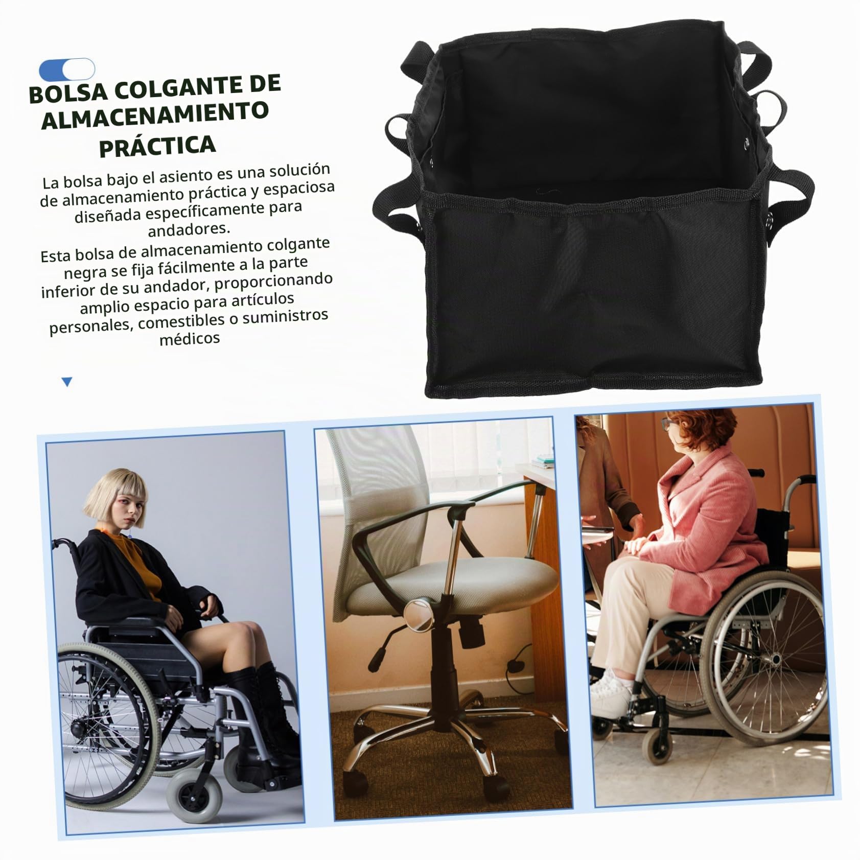Bolsa Colgante para Andador con Gran Capacidad Diseño Resistente para Almacenamiento bajo Asiento para Usuarios Mayores y Ayudas de Movilidad Color Negro