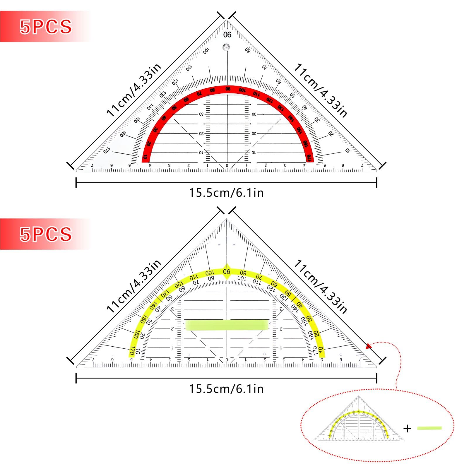 JIANTA ekierka geometryczna z tworzywa sztucznego, 10 sztuk, trójkąty geometryczne, 16 cm, przezroczyste, elastyczne, do rysowania okręgów, 8 szt., ekierka z uchwytem, żółta, 8 szt., czerwona geometria, do szkoły, biura, studentów