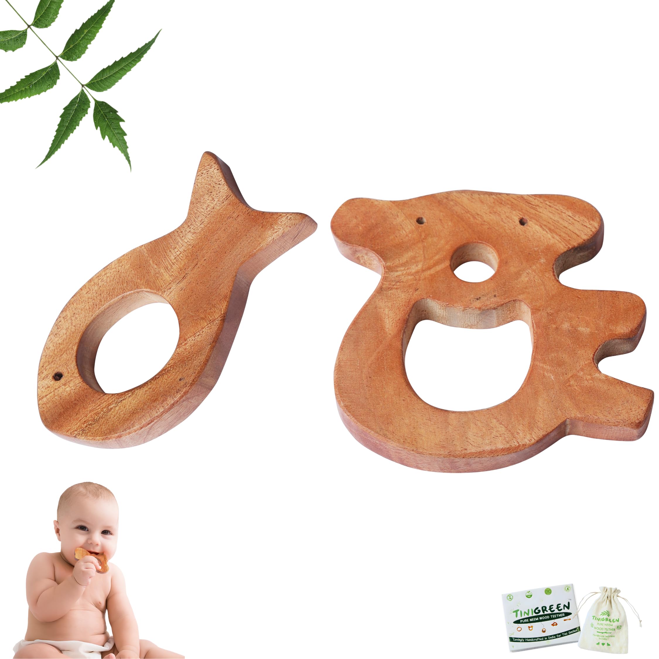 Neem Wooden Baby Teether Fish & Teddy Shape Handmade Organic Neem Teething Toy for Babies (Pack of 2)-picture-23
