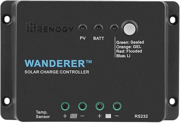 Renogy 12V 30A PWM Solar Charge Controller – Wanderer Li with Temp Sensor, 4-Stage Charging for Lithium/Gel/Flooded Batteries, Overload/Short Circuit/Reverse Polarity Protection
