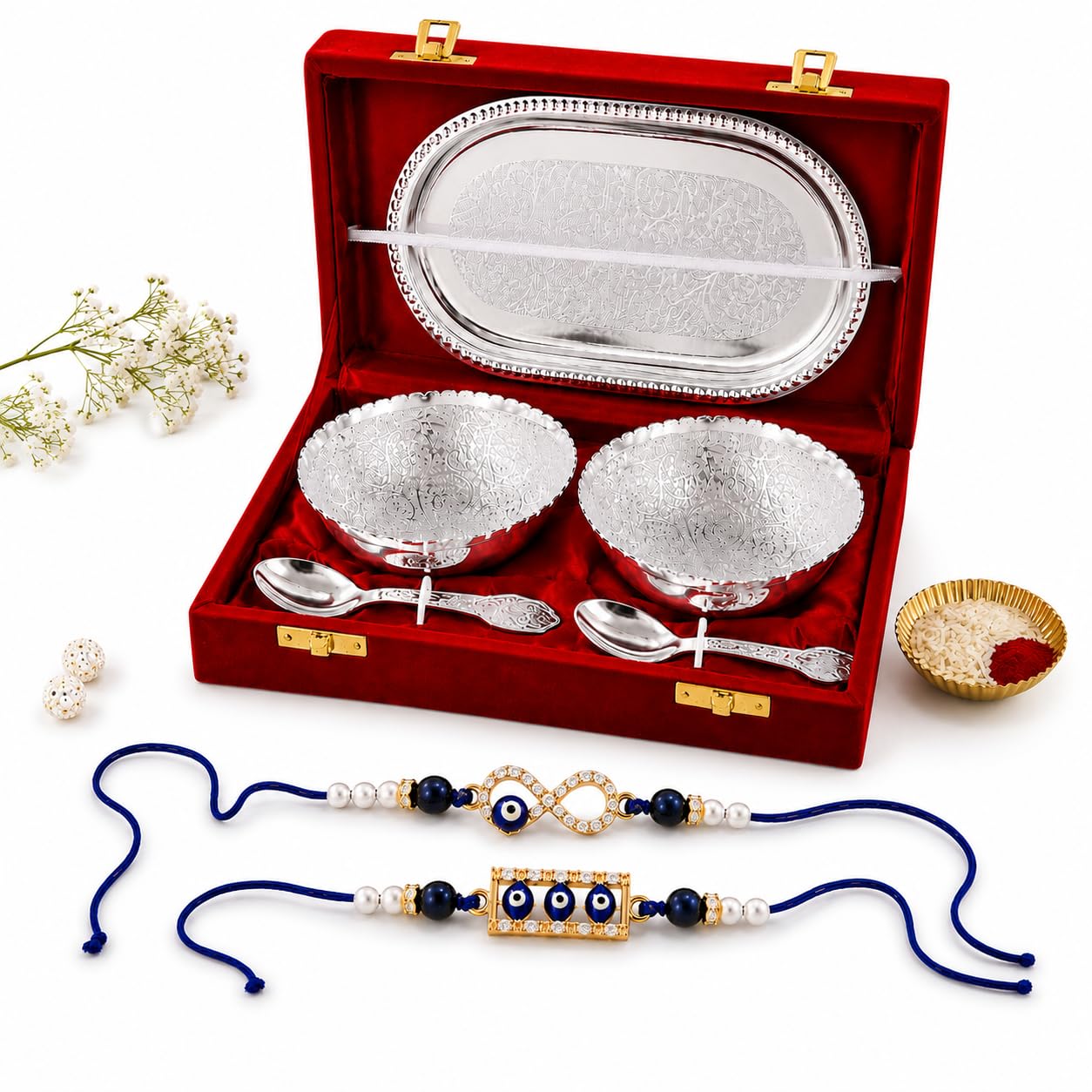 Jaipur Ace Rakhi Gift Hamper for Bhaiya Bhabhi with Silver Plated Bowl Set, Pooja Thali, 2 Designer Rakhis, Roli Chawal, Raksha Bandhan Gift Set for Brother Bhabhi, Premium Rakhi Combo with Red Velvet Box-image-22