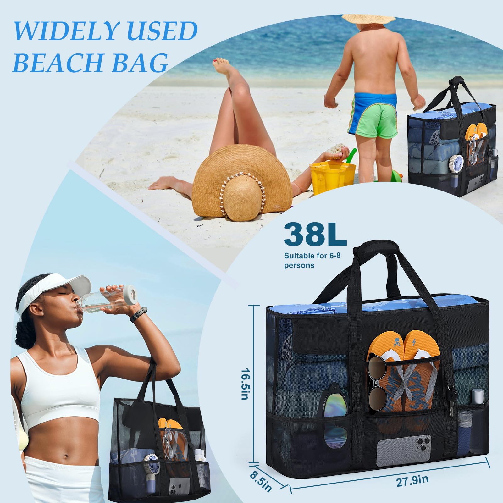 BBLIKE Torba plażowa w maille, duża torba plażowa xxl rodzinna, duża torba damska składane torby na ramię z wieloma kieszeniami na plażę, wakacje, zakupy i podróże, Czarny (Black), 70*20*40cm
