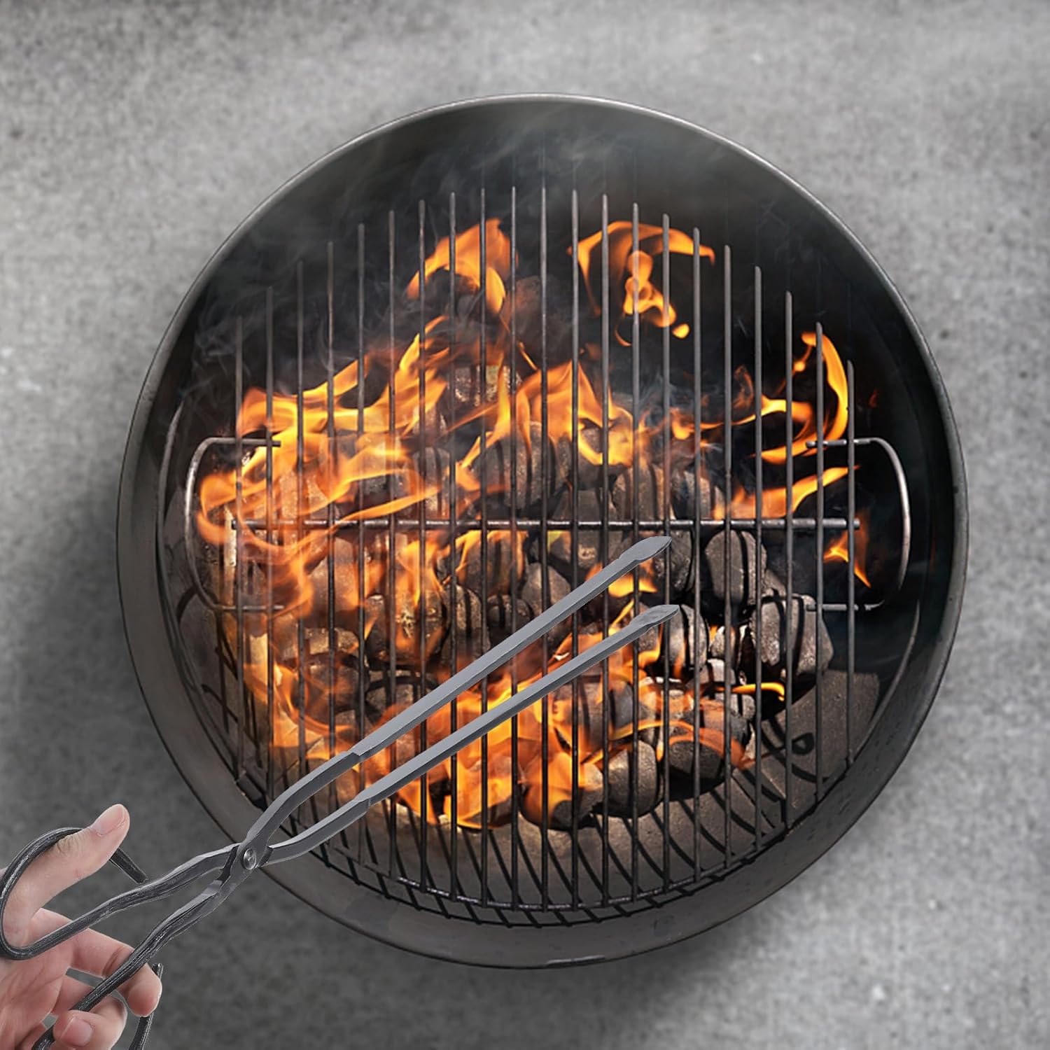 Extended Fire Pit Tongs Charcoal Clip for Camping and Home Fireplace, Medium Size Black Iron Firewood Clamp with Flat Head, Outdoor Bbq Barbecue Tool for Charcoal Handling and