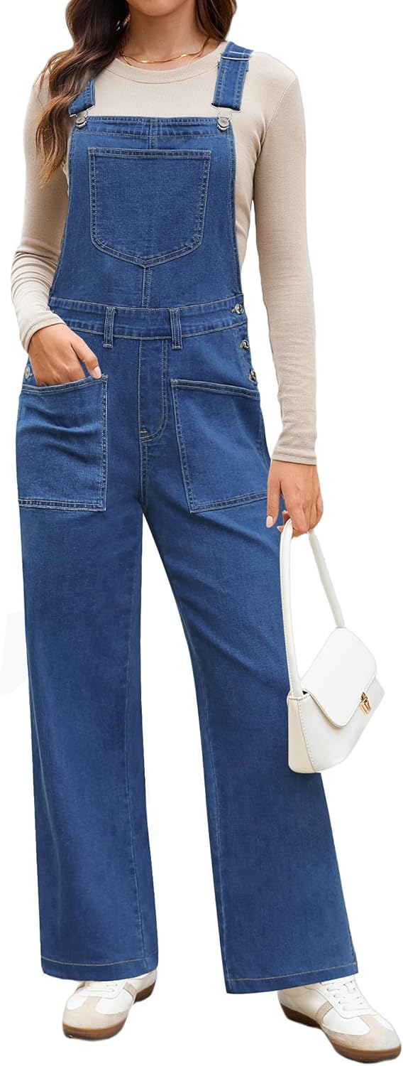 luvamia Jean Overalls for Women Loose Fit Baggy Wide Leg Bib Pocket Adjustable Straps Stretchy Denim Overall Jumpsuits