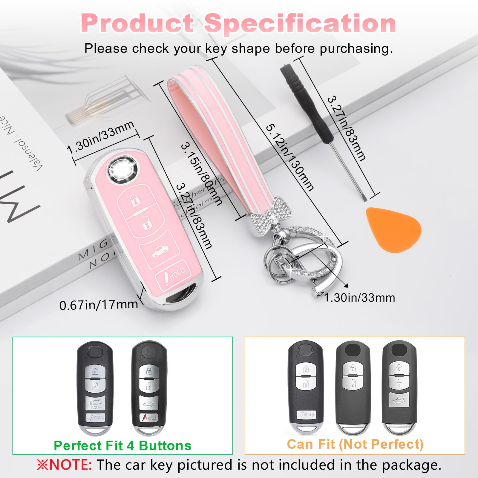 PIFOOG Key Fob Cover for Mazda 3 6 CX5 MX-5 Miata CX9 CX3 Accessories Pink 4 Button Car — view 2