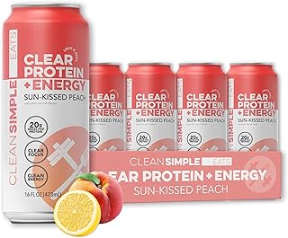 Clean Simple Eats Clear Protein + Energy Drink, 20G Grass Fed Whey Protein Isolate, 100MG Natural Caffeine, L Theanine & Cognatiq, No Artificial Ingredients, Sun-Kissed Peach Flavor, 16 Oz Cans, 12 Pk