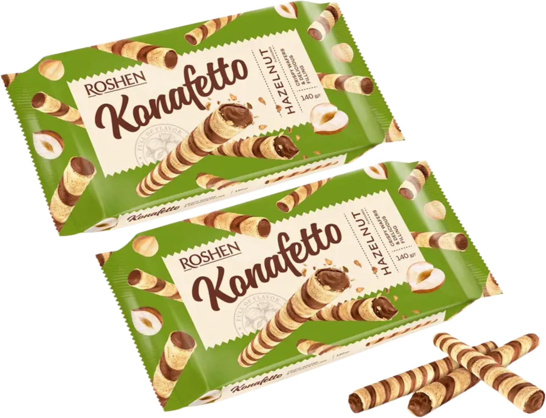Roshen Konafetto Hazelnut Wafer Rolls, 4.94 oz – Crispy Golden Wafer Rolls with Creamy Hazelnut Filling – Made with Real Hazelnut Paste – Sweet European Wafer Snack [Pack of 2]
