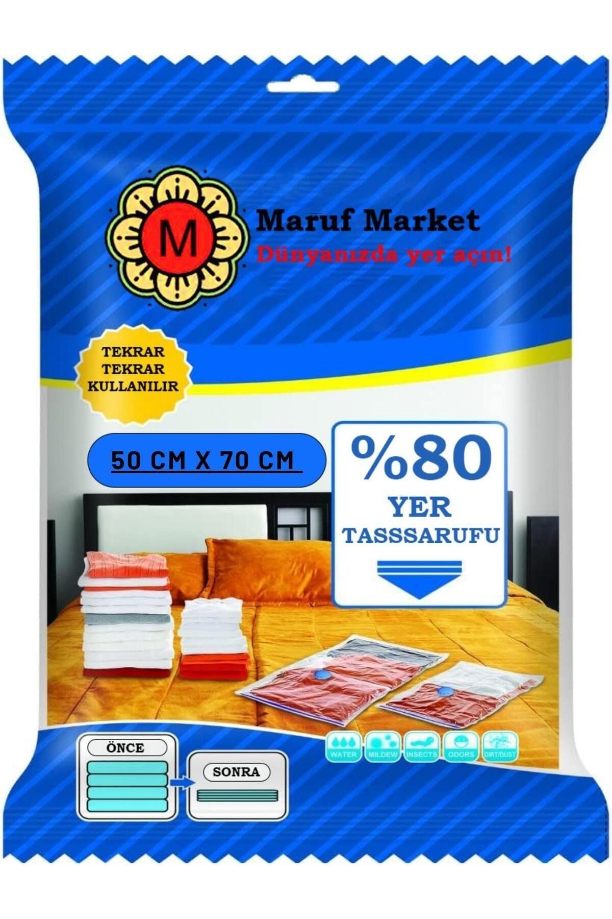 Beyyine Home Yüksek Kaliteli Vakumlu Poşet (S) 50 cm x 70 cm - Çevirmeli & Mavi Kapak - Vakumlu Hurç