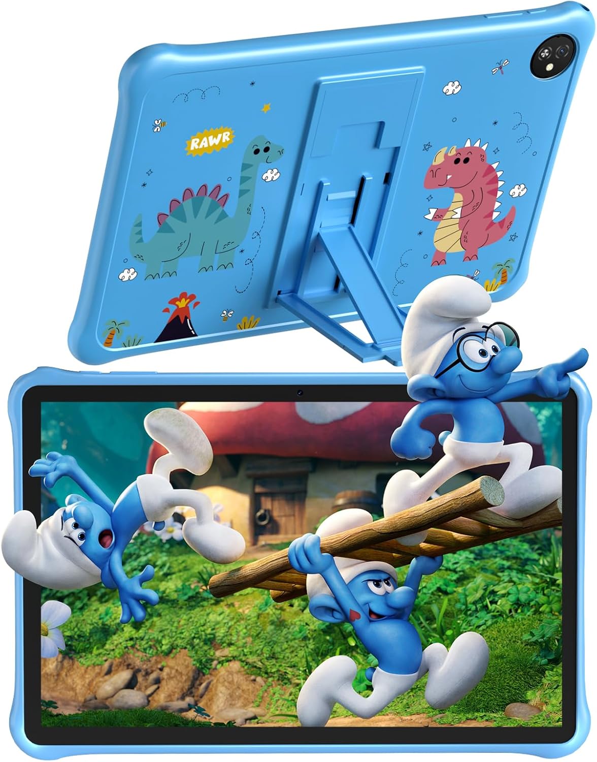 Sortview Tab30 Kids Tablet in blue protective case with stand, displaying animated characters on screen.