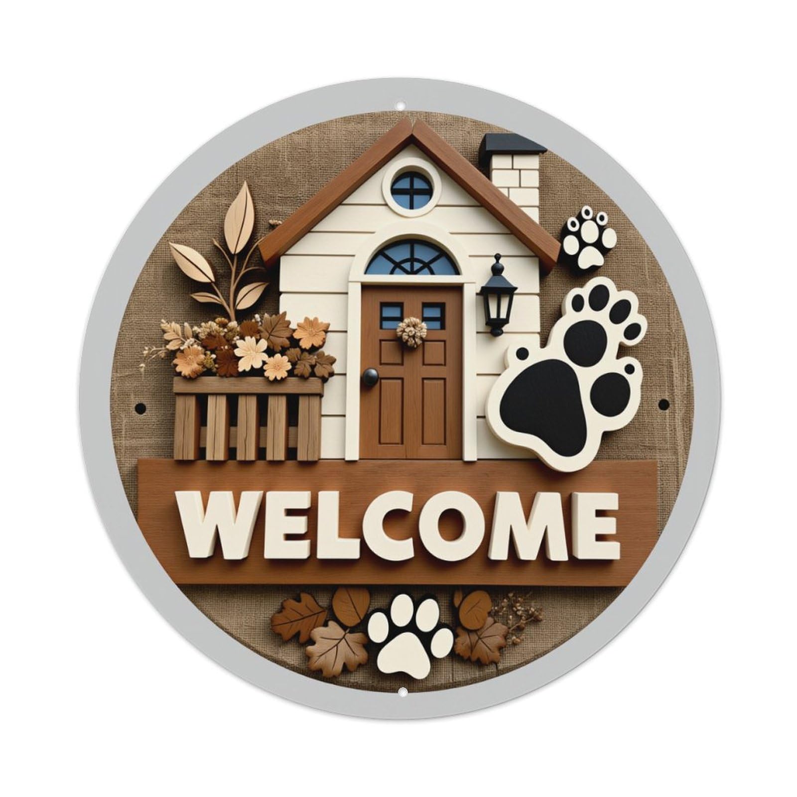 Welcome House Paw Print Autumn Leaves Round Metal Tin Sign Vintage Wall Decor, Bar Garage Cafe Kitchen Home Wall Art Poster 8x8inches