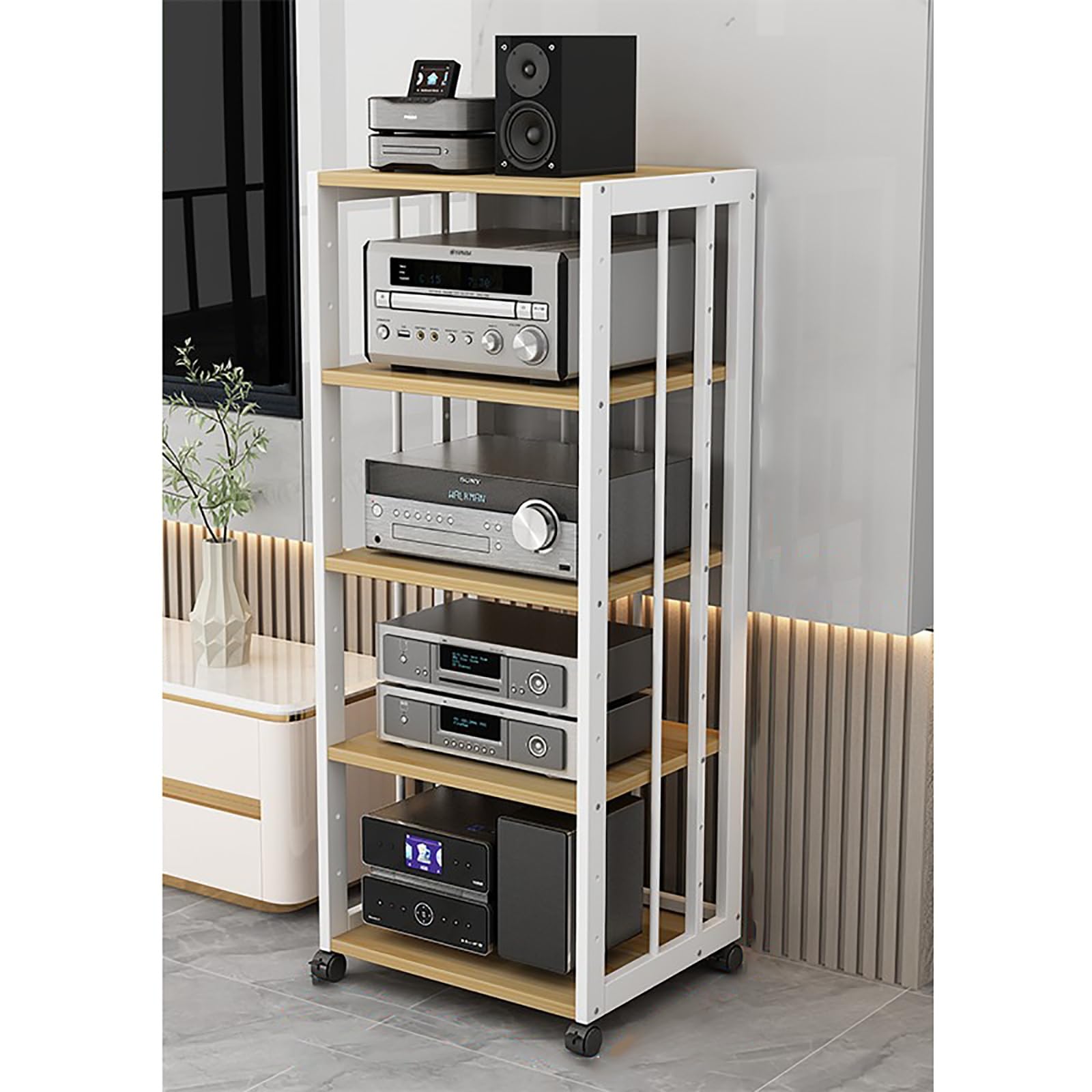 Gabinete de Audio HIFI Multicapa con Estantes for Audio y Video Soporte de Exhibición de Audio Estante de Medios con Ruedas Universales para Salón Dormitorio Estudio de Grabación.(Original wood,50x40x
