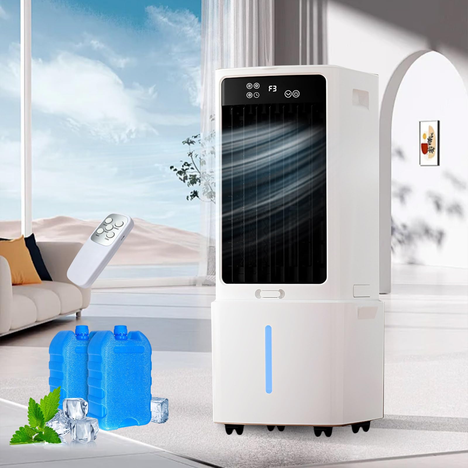 Climatizador 12L 4 en 1 Aire Acondicionado Portátil Sin Tubo con Mando a Distancia, Humidificador, 2 Hielos