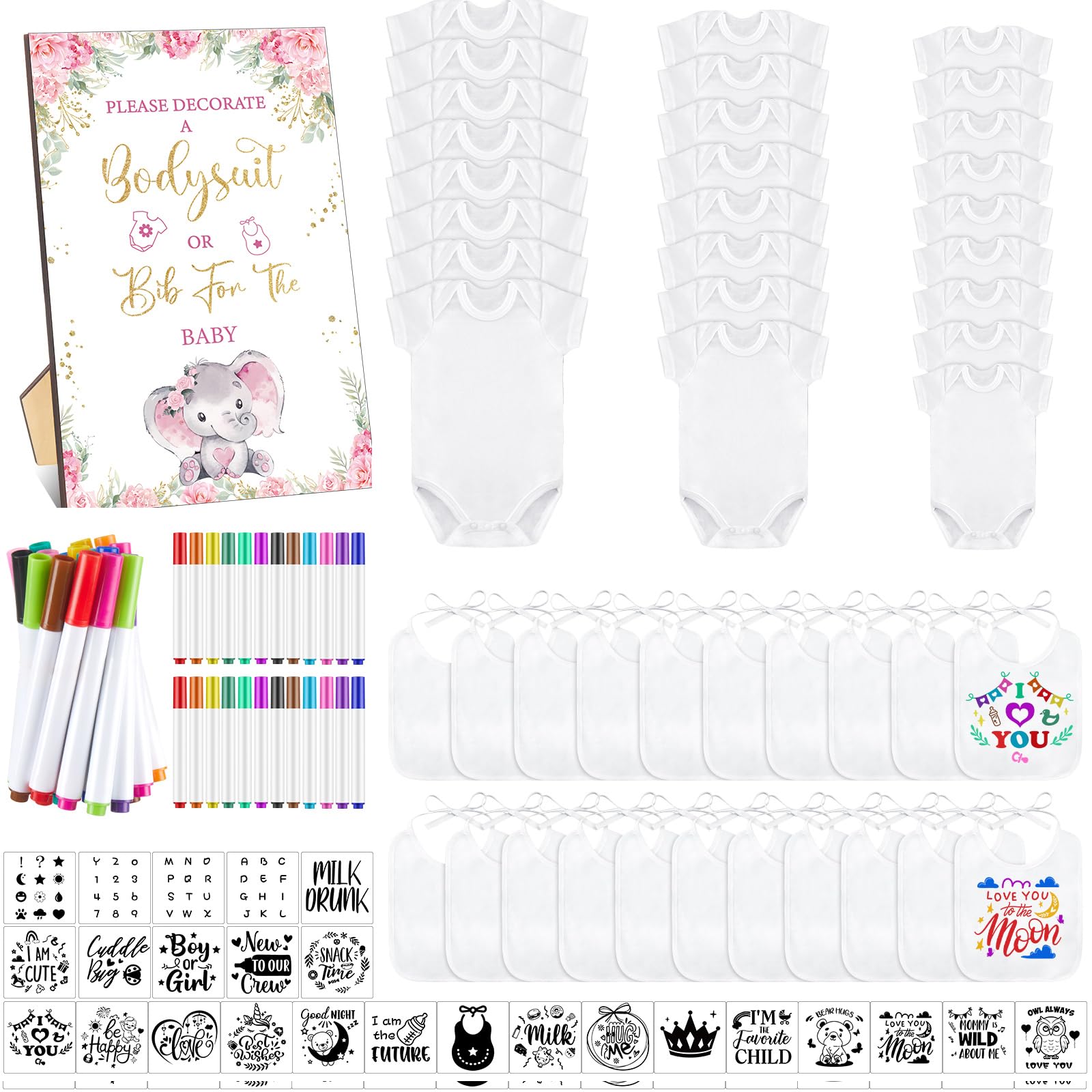 Panitay 100 Pcs Blank Bib Bodysuit Baby Shower Set Baby Shower Sign Blank Feeder Bib DIY Bodysuit Fabric Colorful Marker(Pink Elephant)