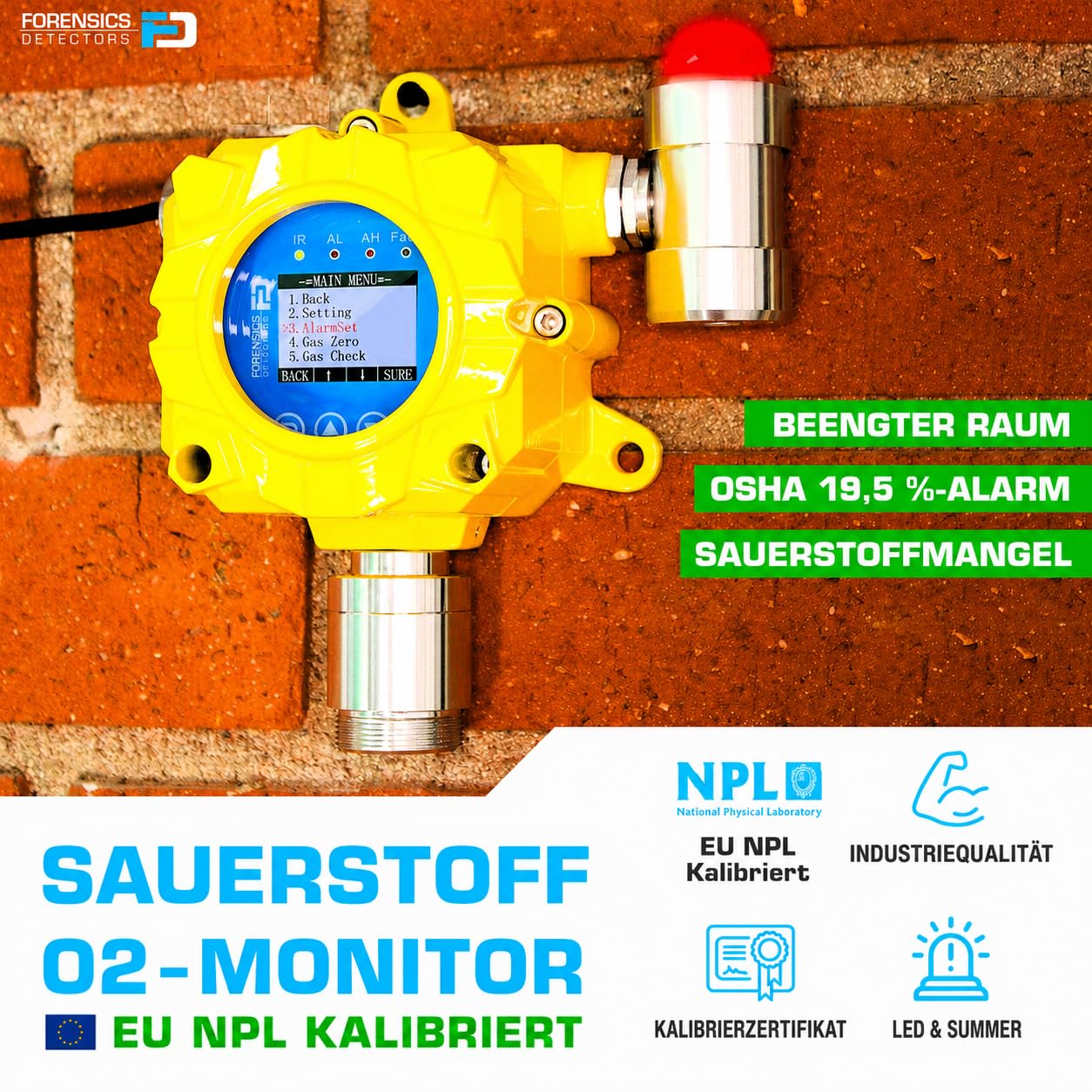 Sauerstoffmangel-Monitor (O2) zur Wandmontage | EU-Kalibrierzertifikat | Relaisausgang, RS485 MODBUS, 4–20 mA | 0–30% O2
