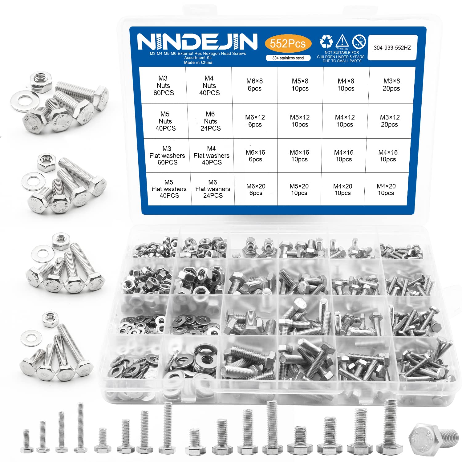 NINDEJIN 552 PCS M3 M4 M5 M6 Hex Head Bolts and Nuts Set, 304 Stainless Steel External Hexagonal Bolts Set with Nuts and Washers, Heavy Duty Hex Head Cap Bolts and Nuts Kit with Storage Box