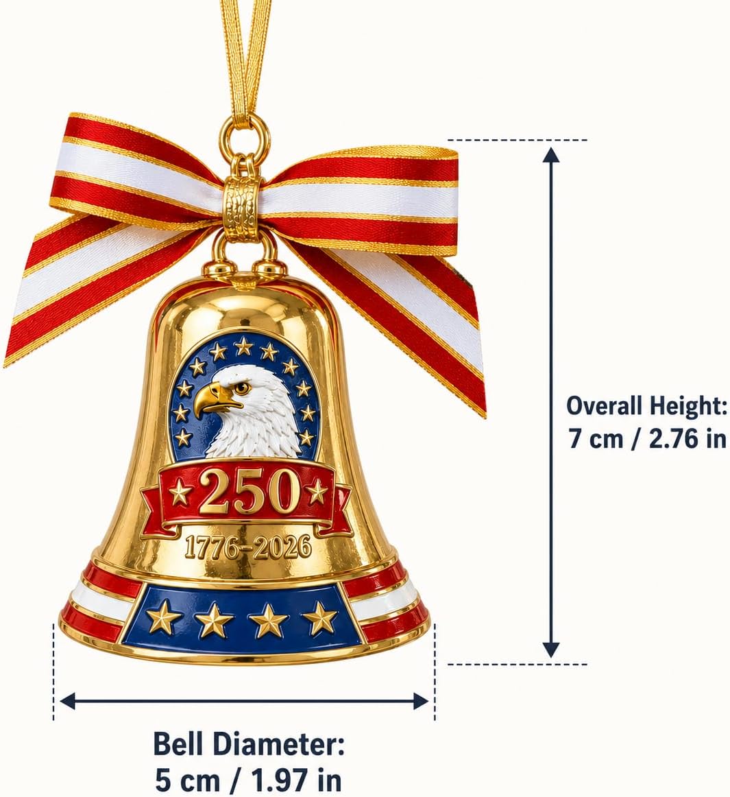 USA Bell Ornament, 250th Anniversary, Patriotic Metal Enamel, Red Blue Ribbon, 2x2 in, Commemorative Christmas Tree Hanging Decoration