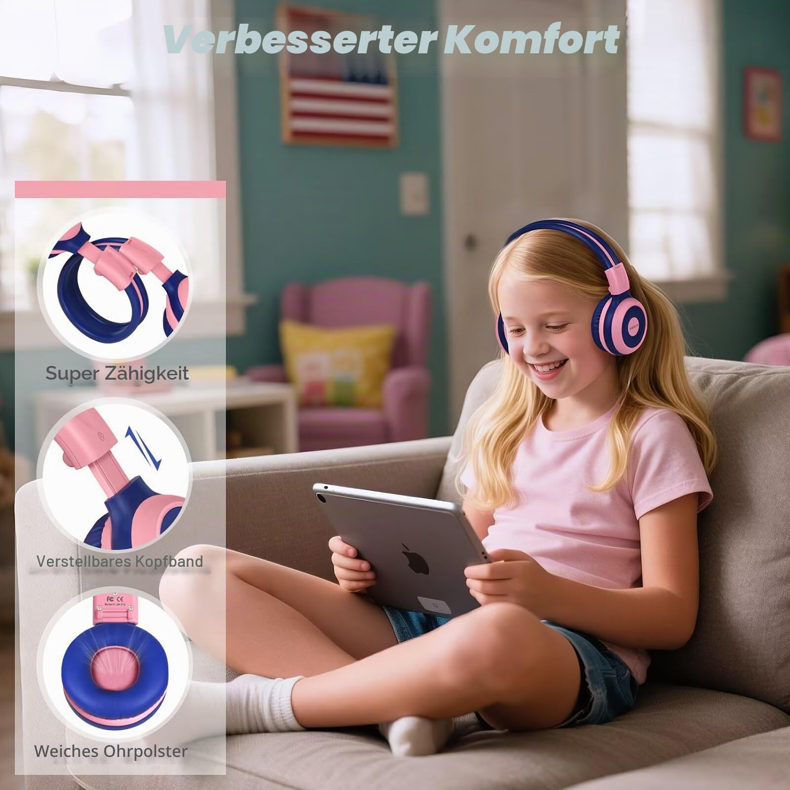 SIMOLIO 2er-Pack Bluetooth Kopfhörer Kinder, Kinderkopfhörer mit 75dB, 85dB, 94dB Lautstärke begrenzt, Bluetooth-Kopfhörer für Teenager mit eingebautes Mikrofon, für Schule und Reise Mint+Rosa