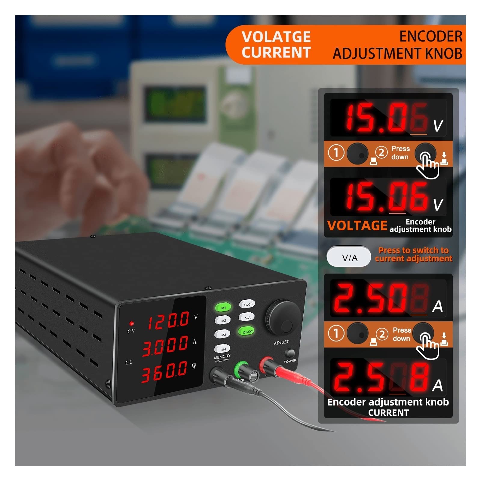 EDEDE Alimentatore CC variabile, Alimentatore da Laboratorio DC Regolabile USB programmabile 120V 60V 30V 10A 5A for batterie Ricaricabili Riparazione PCB Telefono Trova Regolazione(SPPS-S1203 Black)