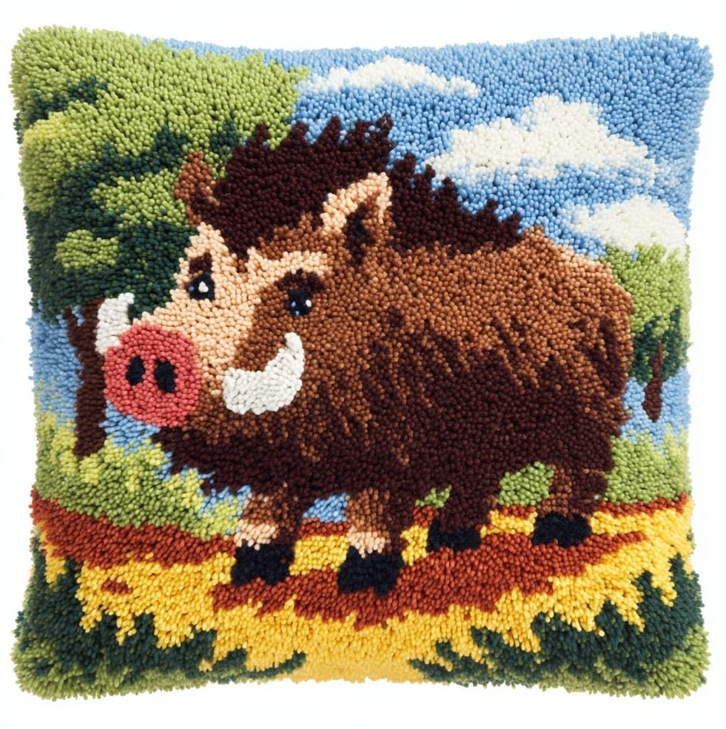 Wallustrioaw Latch Hook Cushion Kits For Adults,Wild Boar,Latch Hook Pillow Case Kits Handmade Kids Parents Gift,17X17in
