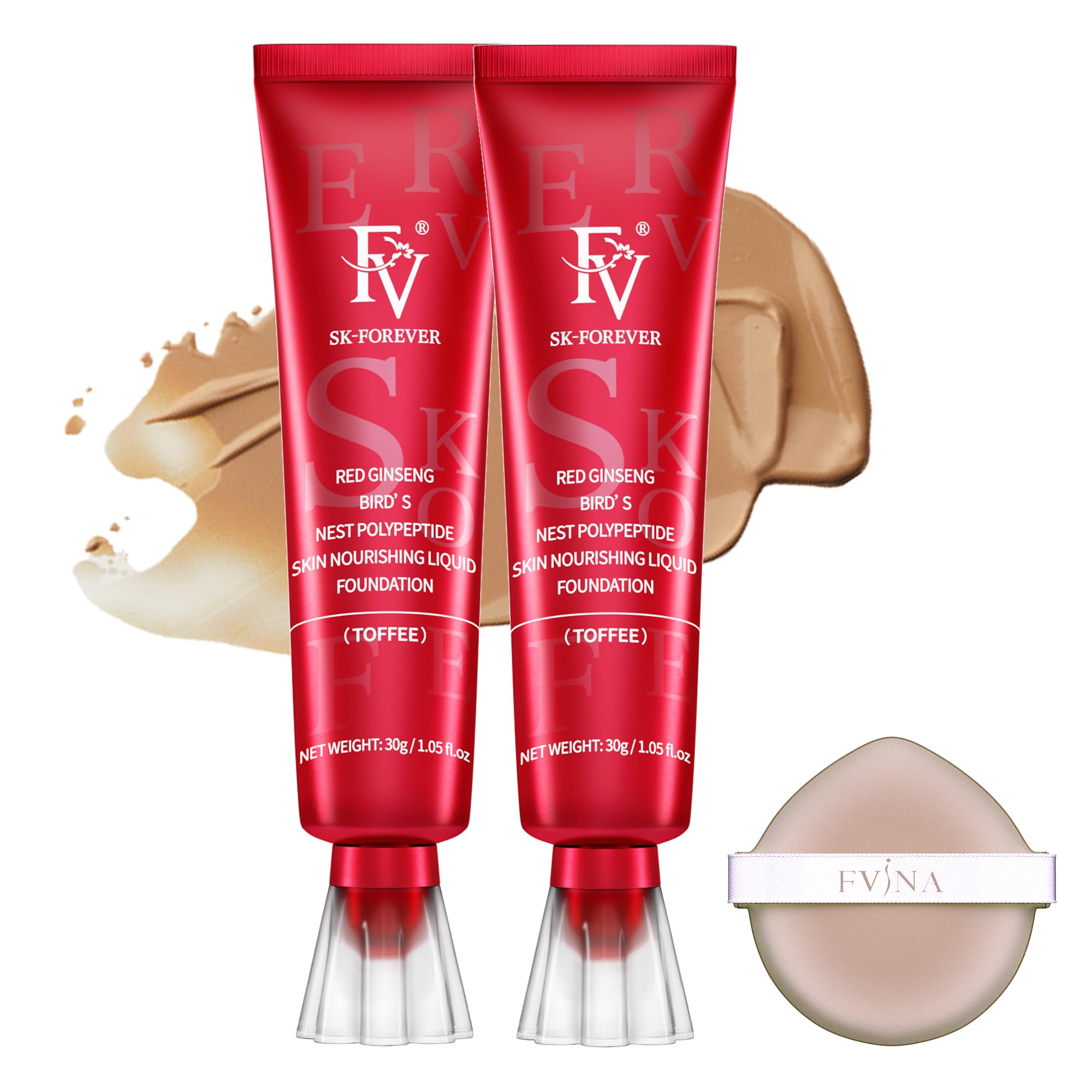 FV 2 Piezas Base Maquillaje Impermeable con Acabado Mate y Larga Duradero, Cobertura Media, Para Pieles Grasas y Mixtas, Base de Maquillaje Textura Ligera, 30g, Toffee