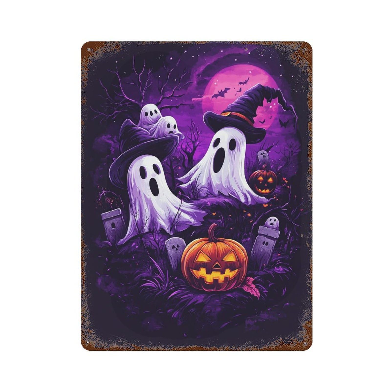 Garage Style Halloween Ghosts And Pumpkins Rust Effect Tin Sign 15.7"x11.8", Rustic Home Decor for Bar And Workshop