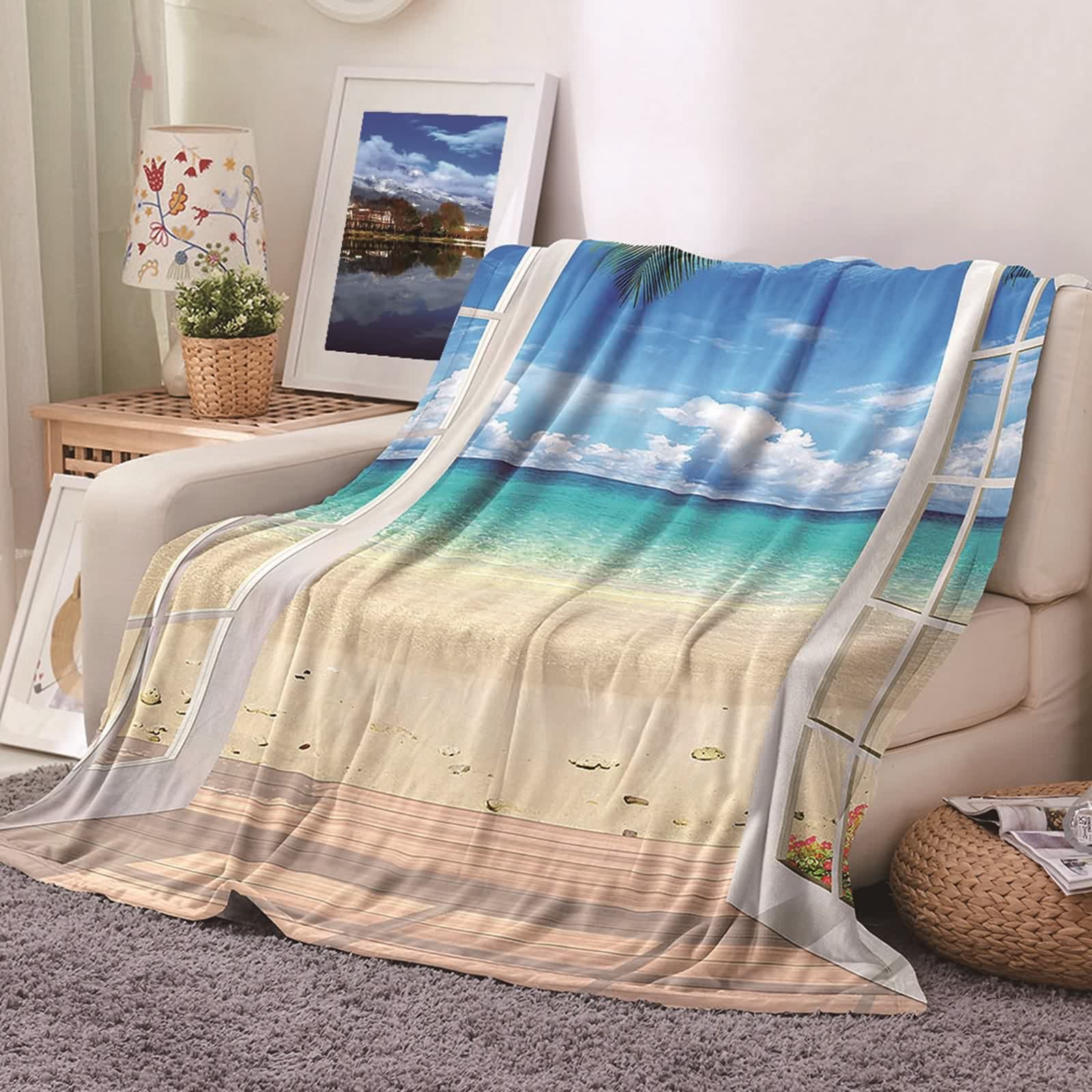 Couverture polaire flannel KnSam 100x150cm plaid bleu et beige motif balcon plage cocotier