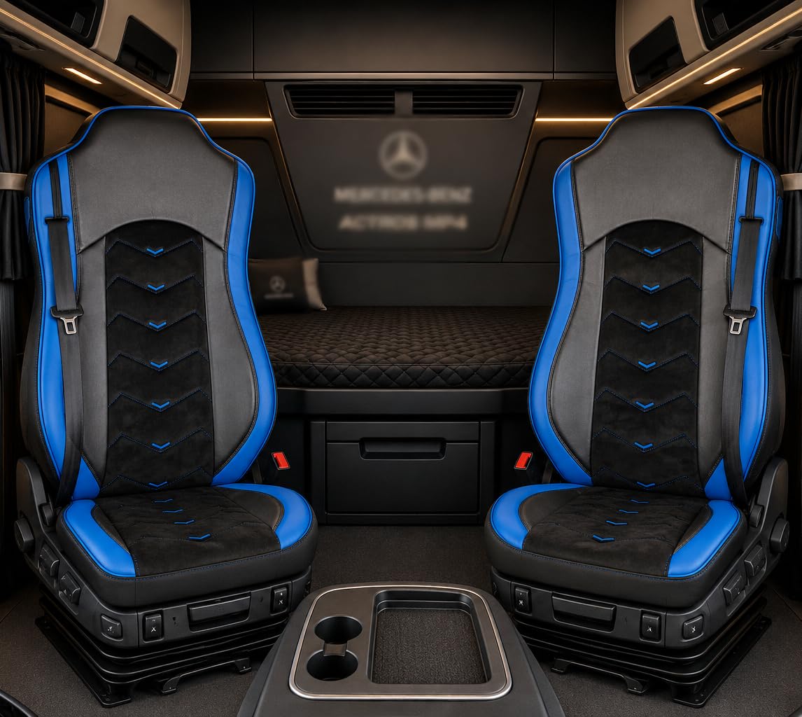 Generisch Fundas de asiento aptas para Mercedes-Benz Actros MP4 Euro 6 2009-2019 Camión 1+1 Piel / Alcantara, color negro con azul