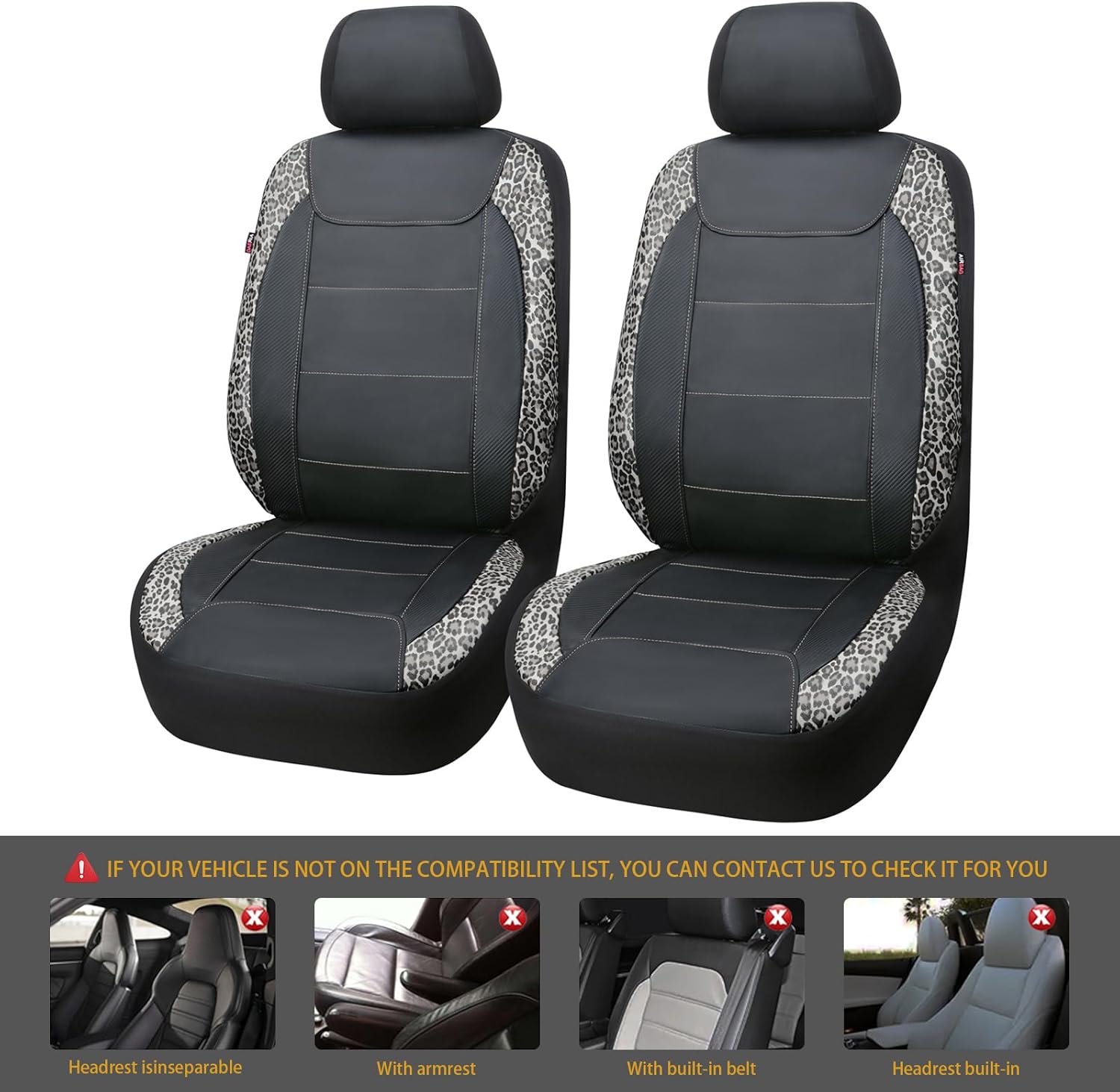 Flying Banner car seat Covers Faux Leather Waterproof Easy Clean Easy Installation (Leopard Gray Leather Black, 2 Fronts) - Image 2