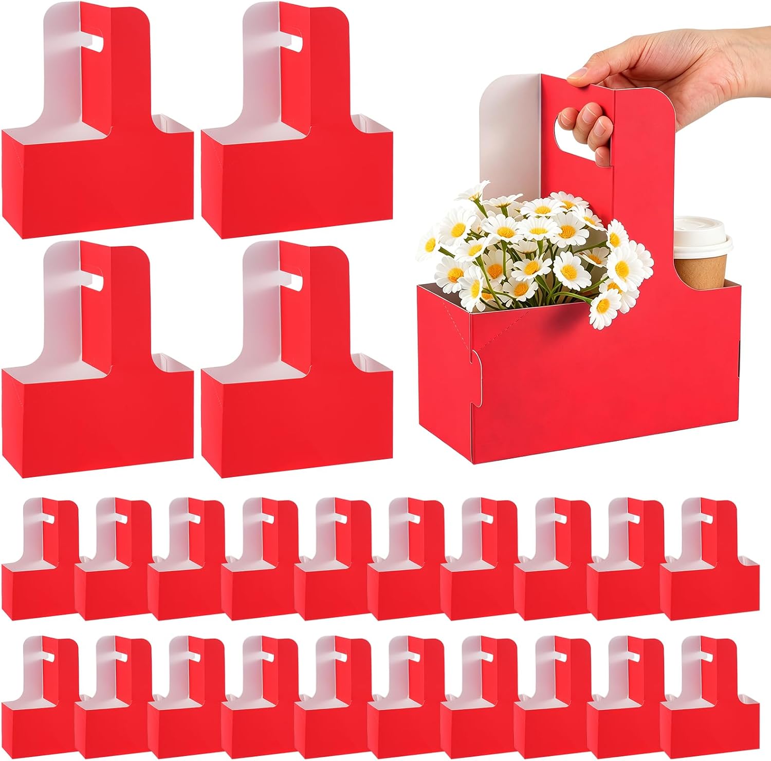 24 Pack 2 Cup Drink Carrier with Handle Portable Cup Holder for Coffee Tea and Beverages Reusable Takeout Drink Carrier for Food Delivery Parties Gatherings Cafes and Daily Use, red