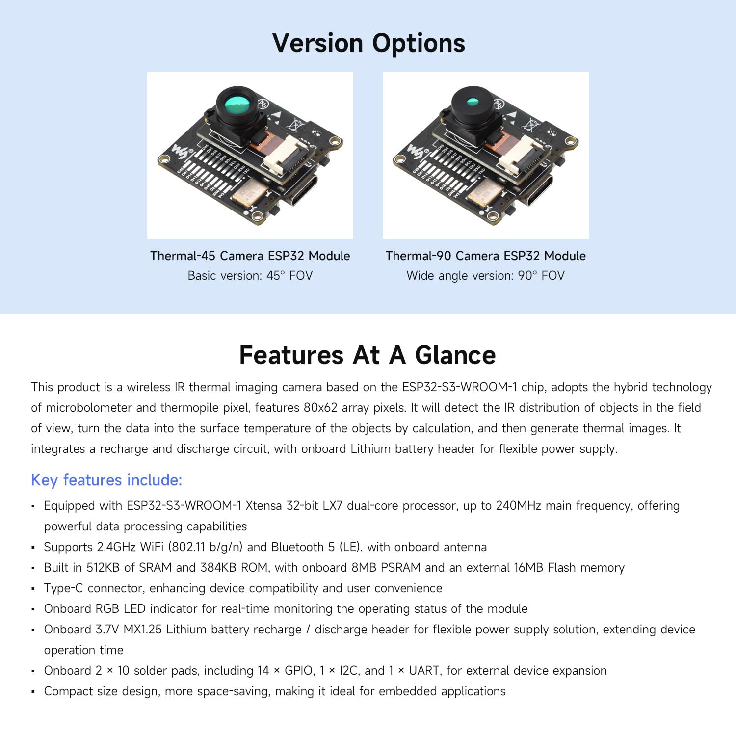 Waveshare ESP32-S3 Infrared Wireless IR Thermal Imaging Camera Module, Type-C Port, 80x62 Array Pixels Basic Version 45 ° Field of View Angle
