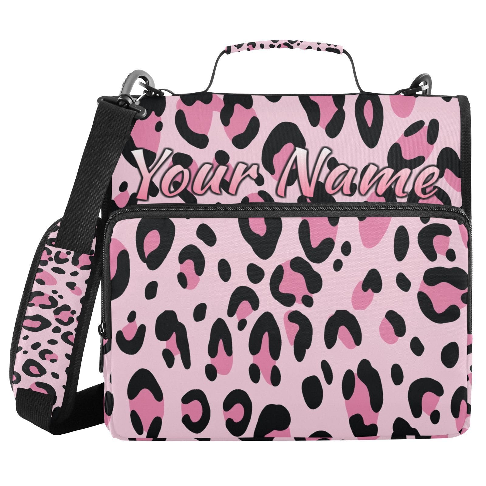 Custom 3 Ring Zipper Binder Pink Leopard Print Cheetah Personalized Name 1.5 Inch Binders Large Capacity Multi Pockets for School Office Supplies