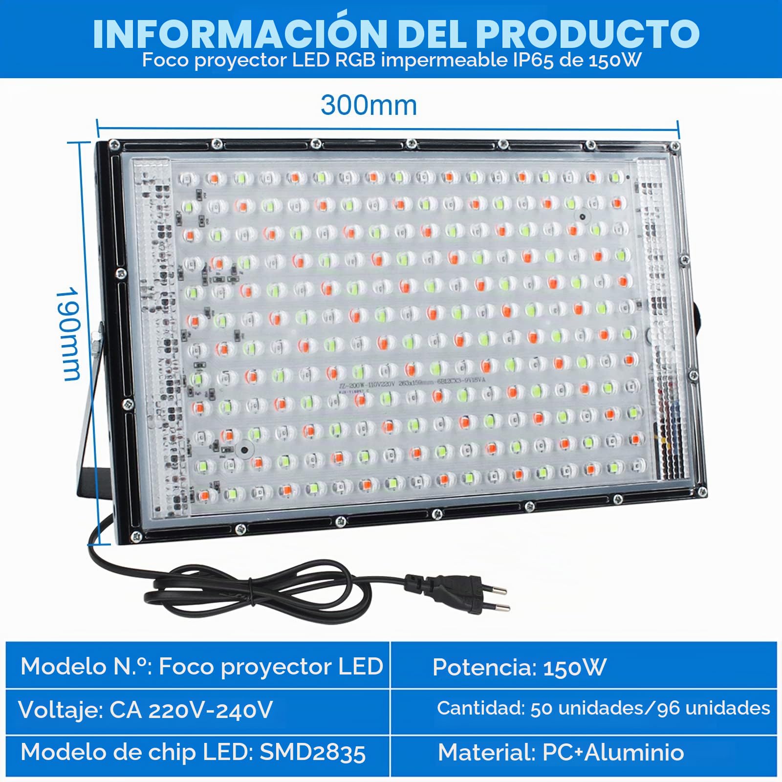 Eleganted Foco LED RGB para exteriores, 150 W, 2 unidades, superbrillante, con enchufe, IP65, resistente al agua, para patio, jardín, garaje, campo deportivo