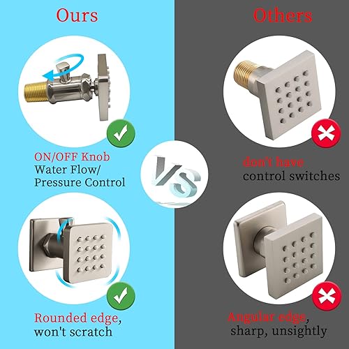 Miniatura 10 de Chorros de ducha cuadrados de oro cepillado con control de flujo y giratorio, chorros de masaje de agua ajustables de latón macizo, montaje en pared