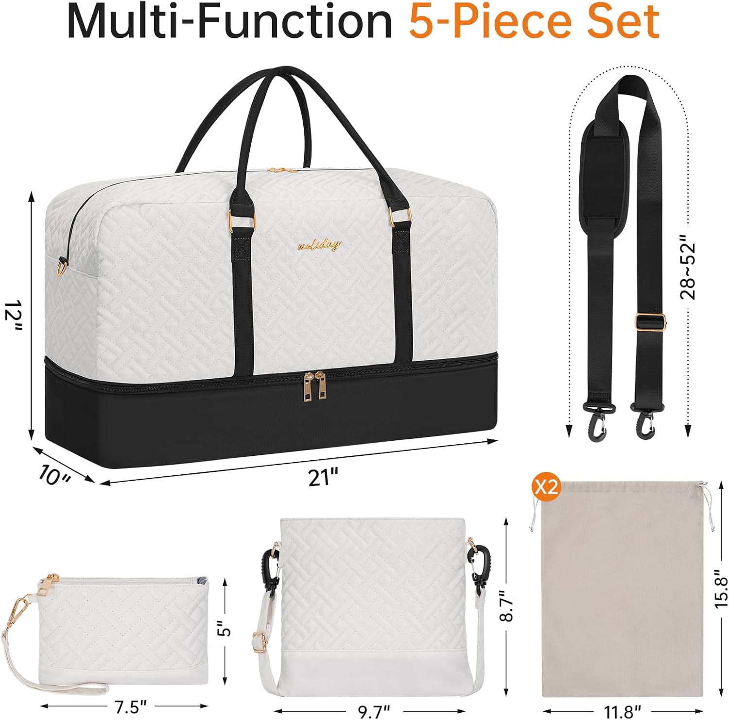 Weekender Bag for Women, 5 Pcs Set Carry on Overnight Bag, 21" Travel Duffel Bag with Waterproof Shoe Compartment for Weekend Travel Business Trip