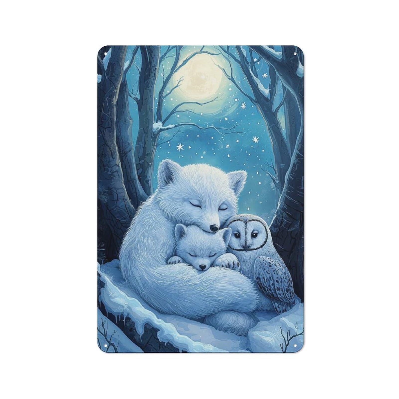 Junmoney Style-6 Arctic Fox Family Cottage Style Metal Wall Decor 30X20cm, Tin Wall Plaque For Kitchen, Cottage, Porch Or Garden Room