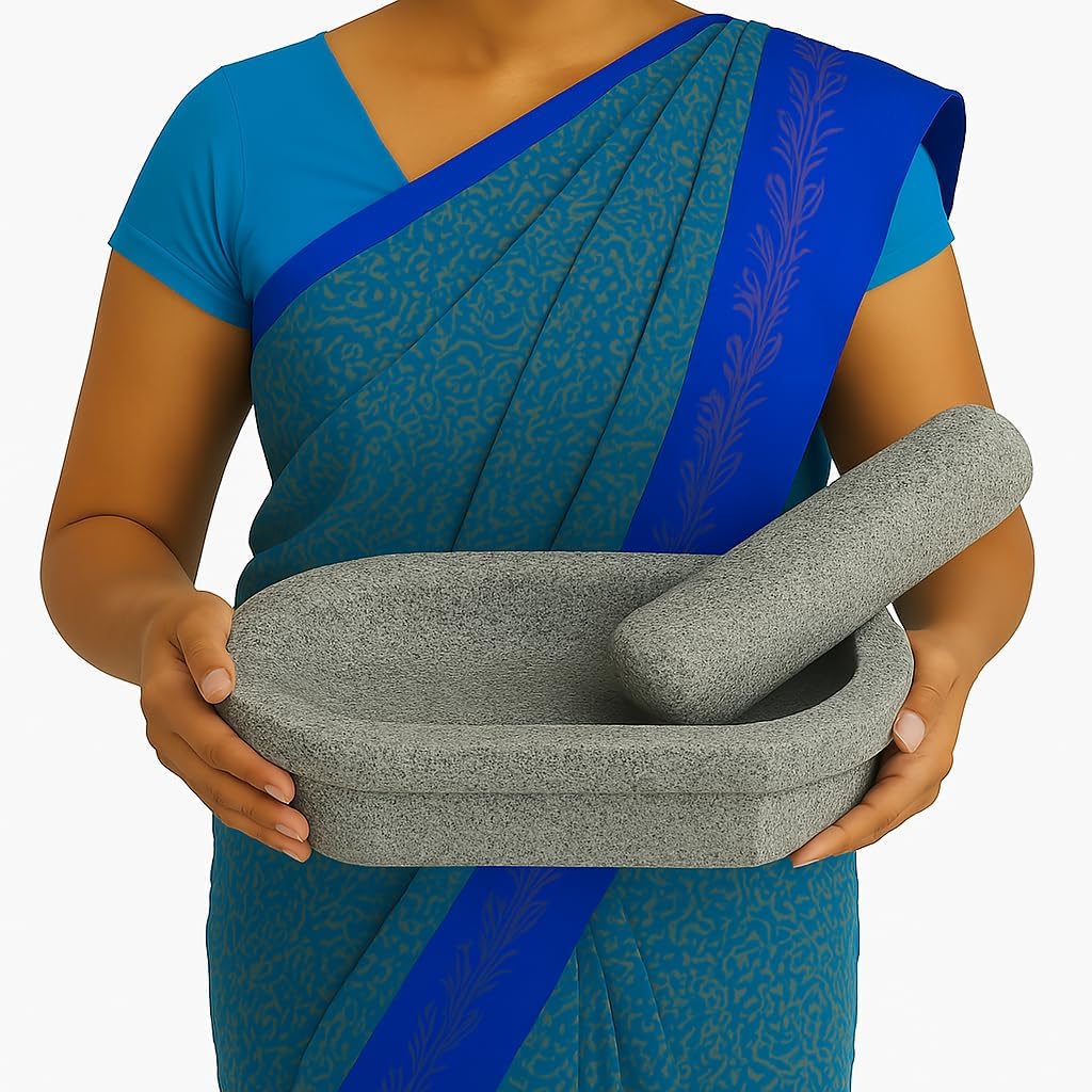 Kalvam Unpolished Stone Mortar and Pestle Set,Spices, Okhli Masher, Khalbatta Stone, Home Decor, Musal, Well Design for Kitchen, Home, Herbs (12 inch) Big Size
