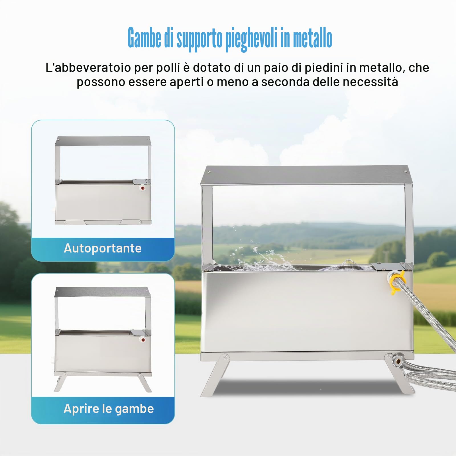 Abbeveratoio automatico per polli in acciaio inox, 9 l, distributore automatico di acqua per pollo, anatra, tacchino, piccione, quaglie con valvola galleggiante e tubo dell'acqua da 150 cm