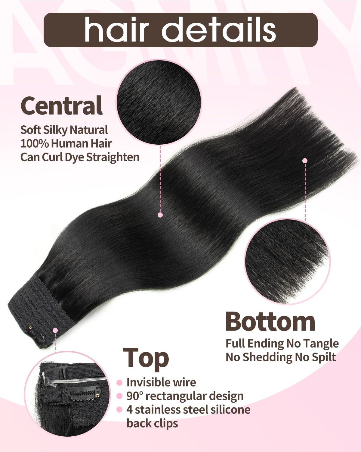 AGMITY Human Hair Wire Hair Extensions Jet Black 60g invisible Removable Thick Straight Fishing Line Layered Natural Hairpiece Human Hair Extensions(12 Inch #1 Jet Black) - Image 3
