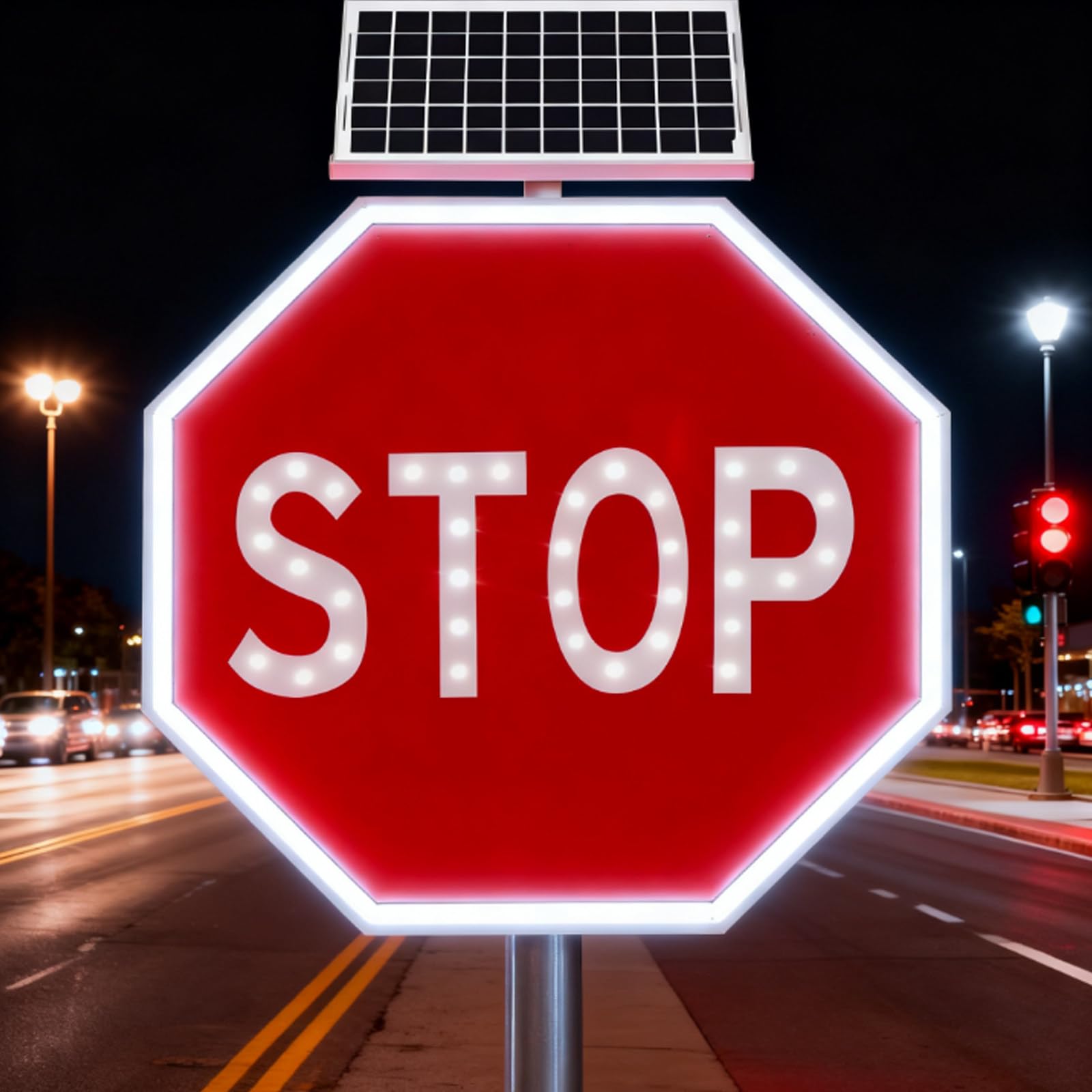 Señal De Stop Solar De 24 Led | Encendido Y Apagado Automático, Batería De 5 Días | Mayor Visibilidad En Niebla Y Lluvia – Señales De Tráfico Solares De Aluminio 60cm/23.6in
